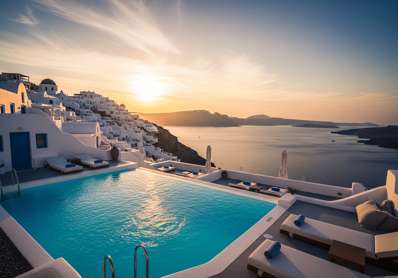 Luxury boutique hotel terrace in Santorini Greece, white cycladic architecture, infinity pool overlooking the deep blue Aegean Sea, golden hour sunlight, cinematic travel photography, 8k resolution