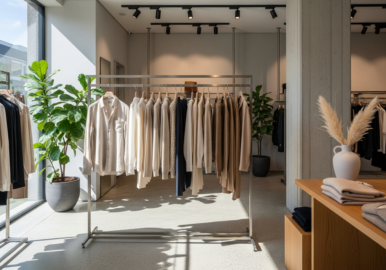 Modern clothing store interior, rack of stylish beige and earth-tone clothes, minimal design, soft natural lighting, fashion e-commerce concept, high quality detail