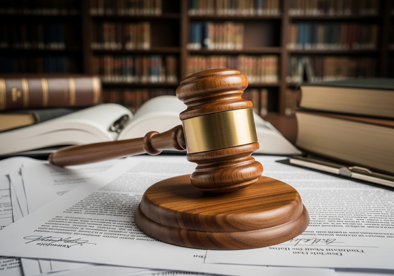 Professional law office desk, close up of a wooden judge gavel and legal documents, blurred library background, serious corporate atmosphere, legal services concept